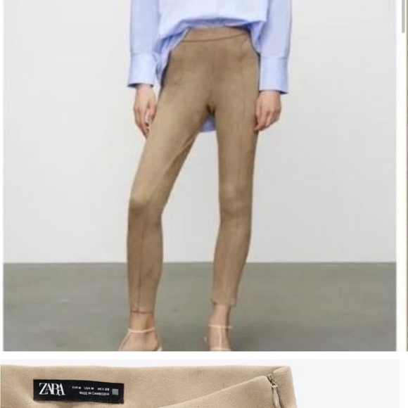Zara faux Suède beige high rise skinny pants with zipper on the side and bottom - Picture 1 of 10
